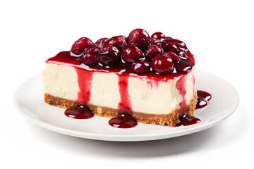 Slice of cheesecake cake with cherry fruits on plate on white background