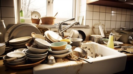 Cluttered Kitchen full of dirty dishes and tableware. Dirty kitchen sink with a huge number of plates and mugs to wash. - obrazy, fototapety, plakaty