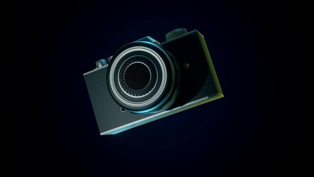 3D animation of a flashing camera floating in a black background
