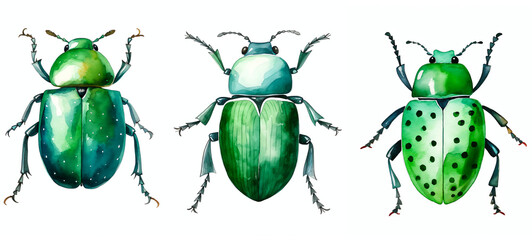 green beetle bug watercolor clipart isolated on transparent background - obrazy, fototapety, plakaty