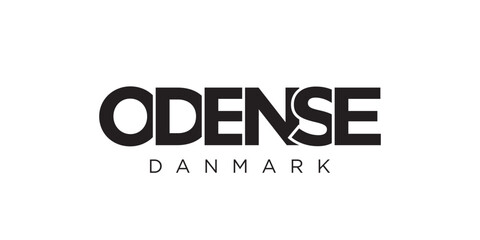 Odense in the Denmark emblem. The design features a geometric style, vector illustration with bold typography in a modern font. The graphic slogan lettering.