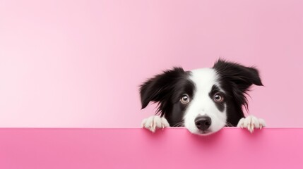 A Curious Black and White Dog Peeking Over a Vibrant Pink Surface - obrazy, fototapety, plakaty