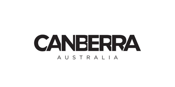 Canberra in the Australia emblem. The design features a geometric style, vector illustration with bold typography in a modern font. The graphic slogan lettering.