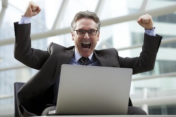 Victorious man filled with joy and excitement as he wins, sitting in front of a laptop