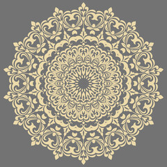 Oriental ornament with arabesques and floral elements. Traditional classic gray and yellow round ornament. Vintage pattern with arabesques