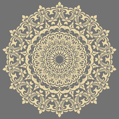 Oriental ornament with arabesques and floral elements. Traditional classic gray and yellow round ornament. Vintage pattern with arabesques