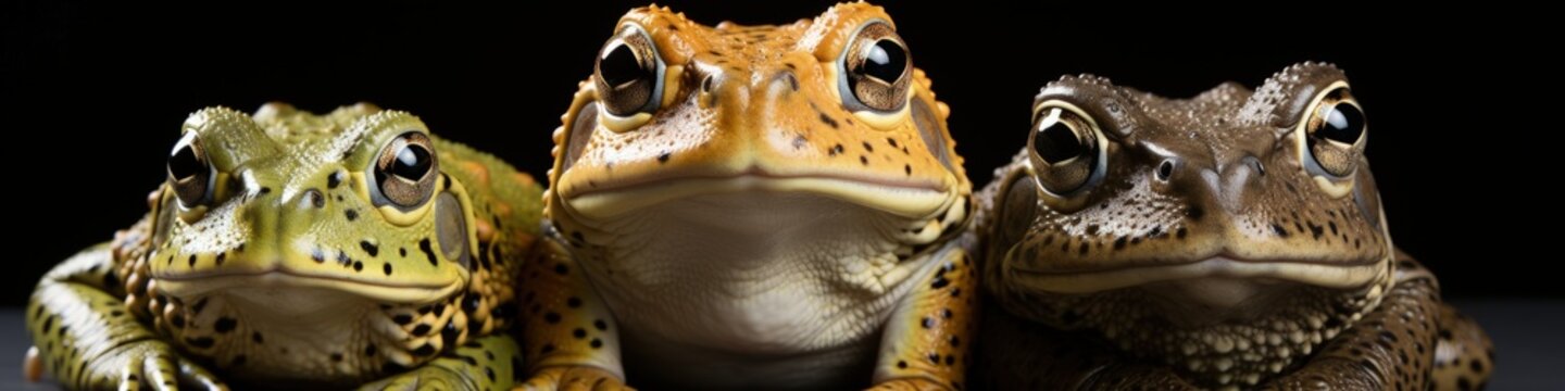 Close-up View of Three Colorful Frogs on a Black Surface