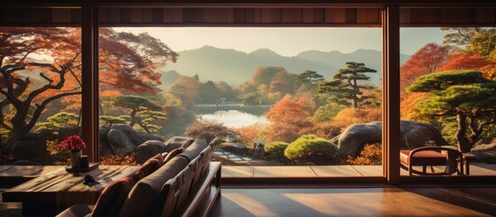 In autumn, a traveler visiting Japan admired the vibrant landscape with its green gardens and colorful trees, especially the orange leaves that adorned the forests. Through the window of their house