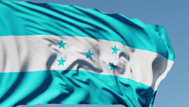 Close-up of the national flag of Honduras flutters in the wind on a sunny day , 4k slow motion
