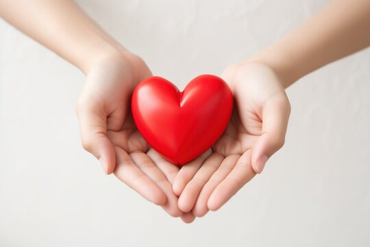 Hands of two people holding a red heart on the white background, in the style of lilia alvarado with AI
