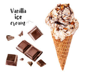 Watercolor illustration of vanilla ice cream dessert close up. Design template for packaging, menu, postcards.