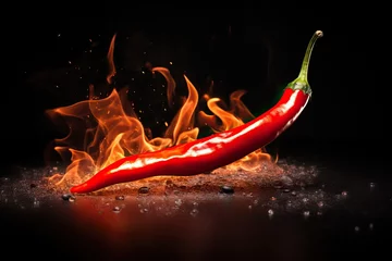 Fotobehang Red chili pepper close-up in a burning flame on a black © Marat