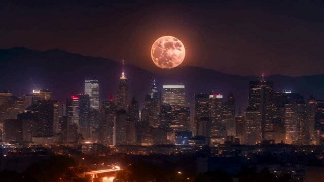 full moon over city skyline at night