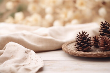 Pine cones on rustic table decor. Concept: Cottagecore simplicity and elegance.