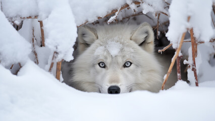 Obraz premium Arctic wolf looking for food in the white snow