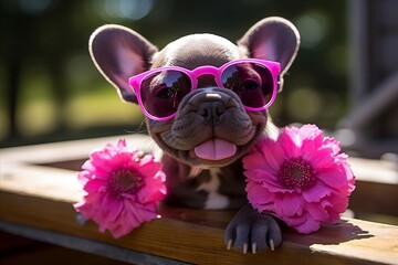 Cute Grey Frenchie Puppy with Pink Sunglasses and Pink Flowers - A Delightful Photograph.