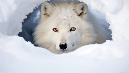 Arctic wolf looking for food in the white snow - obrazy, fototapety, plakaty