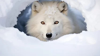 Schilderijen op glas Arctic wolf looking for food in the white snow © 대연 김