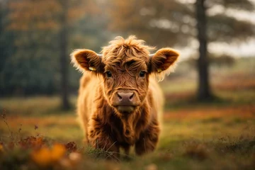 Foto op Aluminium A charming and adorable baby highland cow, autumn color mood, a charming highland cow calf, close up of a calf © ArtistiKa
