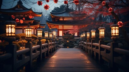 A beautiful landscape photo of a temple or shrine decorated with lanterns and other festive decorations