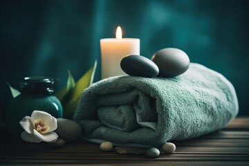 Fototapeta na wymiar Towel on fern with candles and black hot stone on wooden background. Beauty spa
