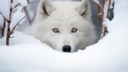 Schilderijen op glas Arctic wolf looking for food in the white snow © 대연 김