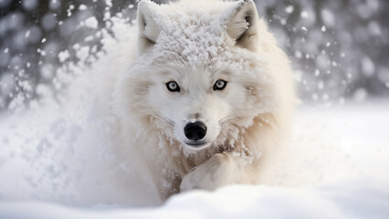 Arctic wolf looking for food in the white snow - obrazy, fototapety, plakaty