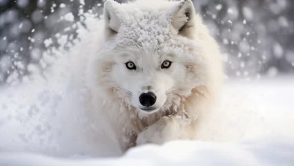 Poster Arctic wolf looking for food in the white snow © 대연 김