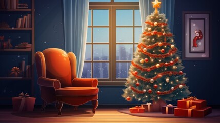 A cozy living room with a decorated Christmas tree and a comfortable armchair