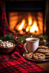 Obraz na płótnie Canvas A cozy Christmas scene with a plaid blanket, a mug of hot cocoa, and a plate of Christmas cookies
