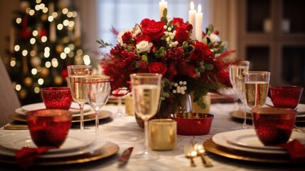 A festive Christmas table setting with red and gold accents
