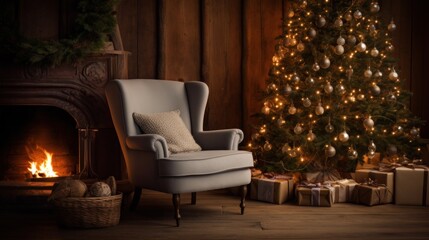 Fototapeta na wymiar A cozy living room with a decorated Christmas tree and a comfortable armchair