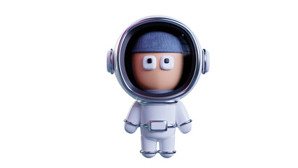 Cartoon man in a white space suit, astronaut front view, transparent background. 3D rendering.