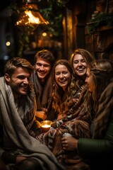 A group of friends gather around a fireplace, wrapped in blankets and enjoying a hot beverage