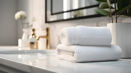 Fototapeta na wymiar white towels on marble counter in bathroom ai generative