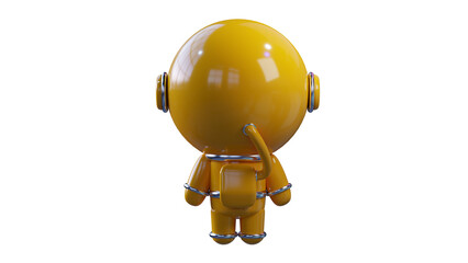 Cartoon man in a yellow space suit, astronaut back view, transparent background. 3D rendering.