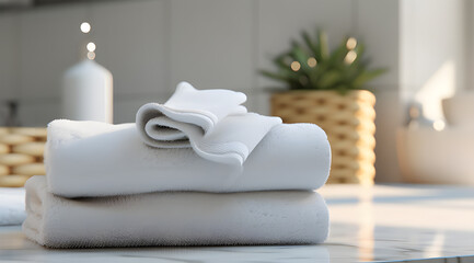 Fototapeta na wymiar white towels on marble counter in bathroom ai generative