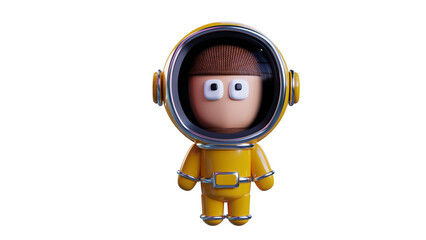 Cartoon man in a yellow space suit, astronaut front view, transparent background. 3D rendering.