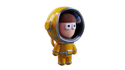 Cartoon man in a yellow space suit, astronaut side view, transparent background. 3D rendering.