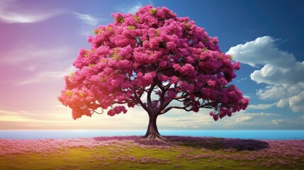 backdrop of a vibrant spring season, the magnificent tree with its blooming branches stands tall, showcasing the beauty of natures natural and plant filled canvas.