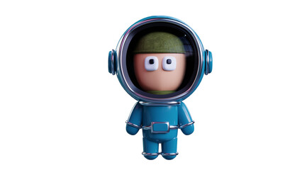 Cartoon man in a blue space suit, astronaut front view, transparent background. 3D rendering.