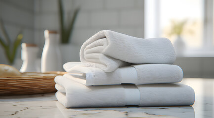 white towels on marble counter in bathroom ai generative