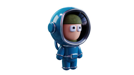 Cartoon man in a blue space suit, astronaut side view, transparent background. 3D rendering.