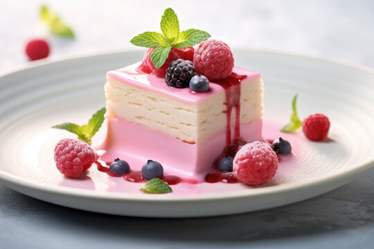 Yummy composition with sweet marzipan dessert. Sweet marzipan cake, delicious treat, picture for restaurant or cafe menu.