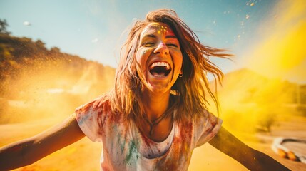 Fototapeta premium Photography of an american young beautiful girl playing Holi colors with AI