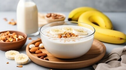 Obraz na płótnie Canvas A bowl of creamy oatmeal with sliced banana, honey, and chopped walnuts