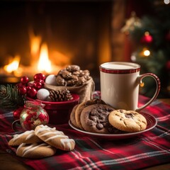 A cozy Christmas scene with a plaid blanket, a mug of hot cocoa, and a plate of Christmas cookies