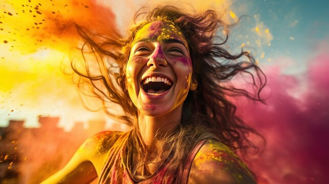 Photography of an american young beautiful girl playing Holi colors