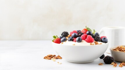 A bowl of Greek yogurt topped with granola, mixed berries, and a drizzle of honey