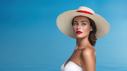 Photography of attractive woman wearing red lipstick, white swimsuit and straw hat, isolated on blue background with AI - obrazy, fototapety, plakaty
